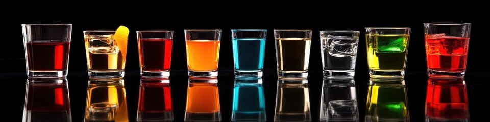 Dynamic Collection of Shots: A Group of Liqueur Glasses Against a Bold Black Backdrop