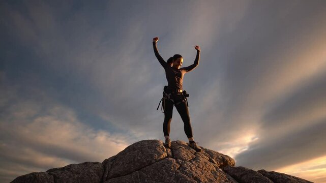 Adventurous climber celebrating triumph at mountain peak during sunset, success concept