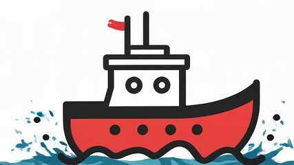 Delightful animated cartoon boat sailing on splashing water for Children, Learning