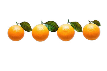 Four vibrant oranges, each with attached green leaves, arranged in a horizontal row against a black background