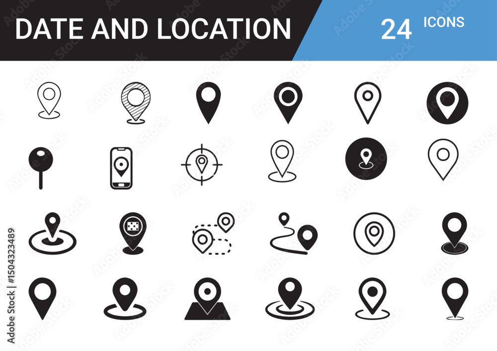 Poster date and location icons: a comprehensive set of 24 meticulously crafted icons, showcasing diverse re