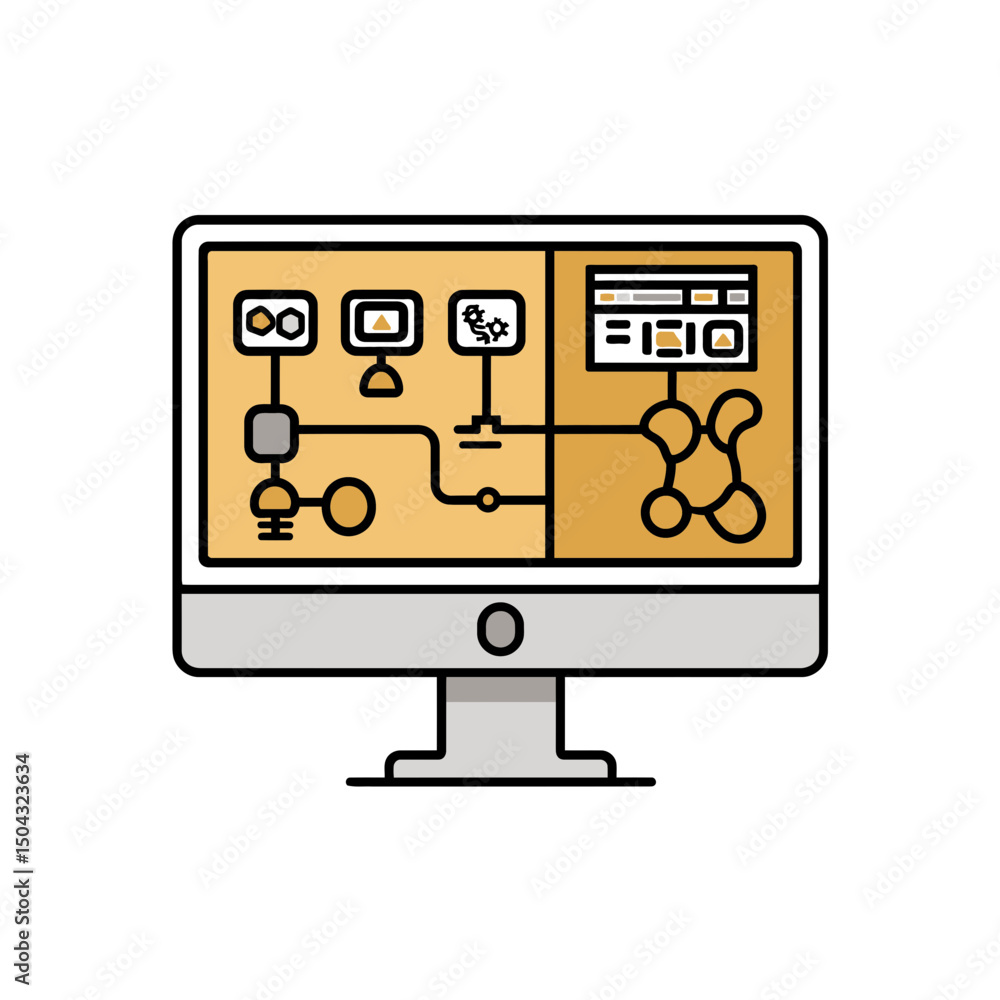 Poster desktop screen displays connected schematics engineering context