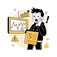 a shocked man reacting to volatile stock market charts. Ideal for financial dashboards, web pages, fintech apps, and market analysis illustrations. in a modern Stock Market flat vector illustrations