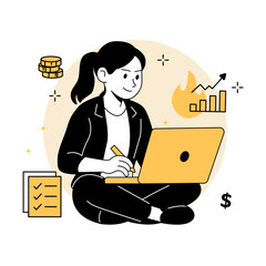 a woman analyzing stock charts on a laptop. Perfect for finance dashboards, investment web pages, fintech apps, and trading platform illustrations. in a modern Stock Market flat vector illustrations