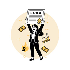 a woman proudly holding a stock certificate. Ideal for financial web pages, fintech apps, investing platforms, landing pages, and stock market visuals