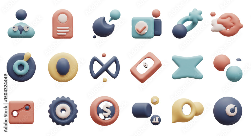 Poster a set of 3d rendered abstract icons representing various digital concepts and symbolism with smooth 