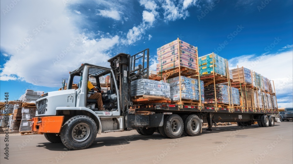 Poster Truck Transporting Building Materials Loaded by Forklift in a Clear Sky Setting During the Day