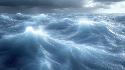 The rough ocean waves under a cloudy sky depict a stormy scene