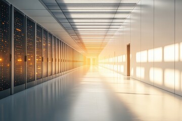 Modern data center with server racks and bright lighting