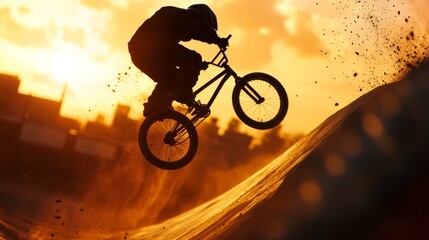 BMX rider flipping over ramp at sunset, dust and drama, vibrant energy,