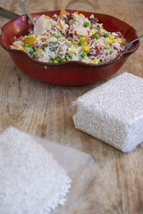 Vibrant Rice Salad with Ingredients and Uncooked Rice