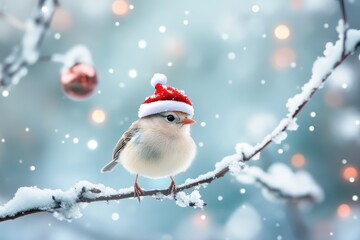 Obraz premium Cheerful Bird Decked in a Red Holiday Cap Dancing on a Snowy Tree Branch for a Festive Christmas Card