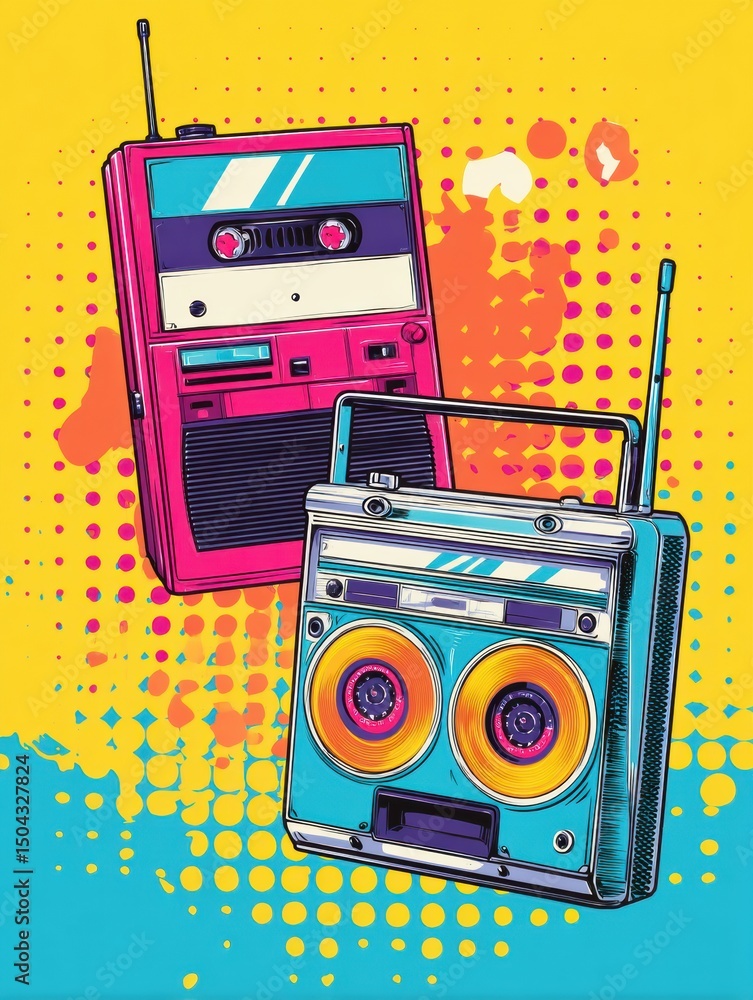 Poster retro cassette and radio stickers on vibrant pop-art background create a nostalgic atmosphere captur