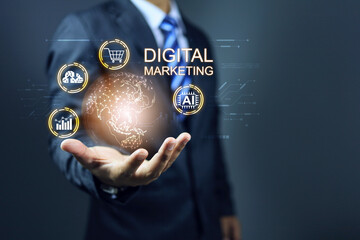 Digital marketing concept with businessman holding market data analysis for customer segment target promotion offer