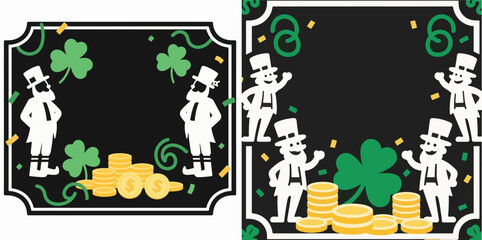 Two square St. Patrick&rsquo;s Day themed graphics with shamrocks, leprechauns, and piles of gold coins.