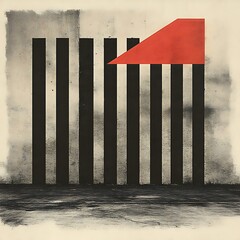 A modern art abstract piece of vertical stripes and red shape
