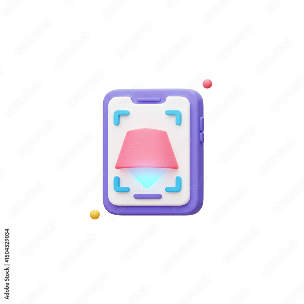 Fototapete A whimsical 3D rendering features a mobile phone displaying what appears to be an object recognition or scanning interface icon design concept