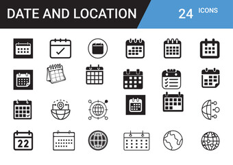 Date and Location Icon set: A comprehensive set of 24 clean, minimalist icons representing dates, calendars, and location-based symbols. Perfect for various design projects.