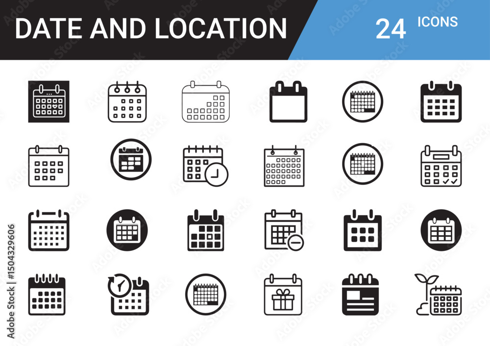 Poster calendar icons: a clean and versatile set of 24 calendar icons, perfect for various applications and
