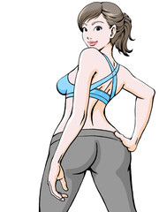 脚を大きく開いて振り返るスポーツウェアの若い女性_上半身