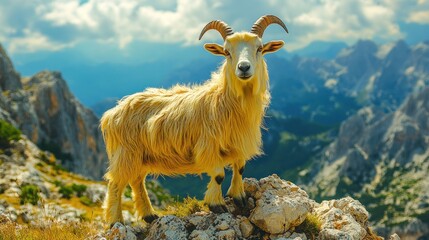 Obraz premium Majestic mountain goat standing on rocks against a stunning mountain backdrop.