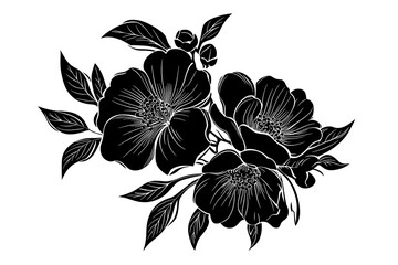 Obraz premium Floral Silhouette Black Flowers Arrangement with Leaves, Buds, Blossom, and Stamen