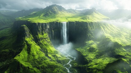 Naklejka premium Majestic waterfall cascading down verdant cliffs into a lush valley, creating a misty, ethereal scene.