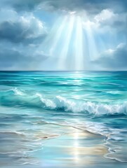 Fototapeta premium Radiant ocean waves under a bright sky with sunlight beams.