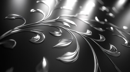 Elegant silver floral pattern on dark background.