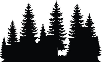 Several coniferous trees stand silhouetted against the plain background, creating a natural forest scene, on transparent background