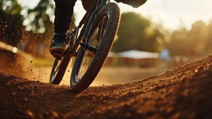 Close-up of BMX trick on dirt ramp, frozen action with dirt flying,