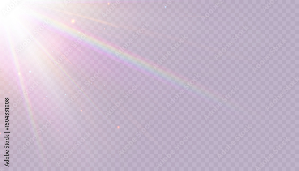 Poster transparent sunlight with soft rainbow highlights and glitter particles on a transparent background.