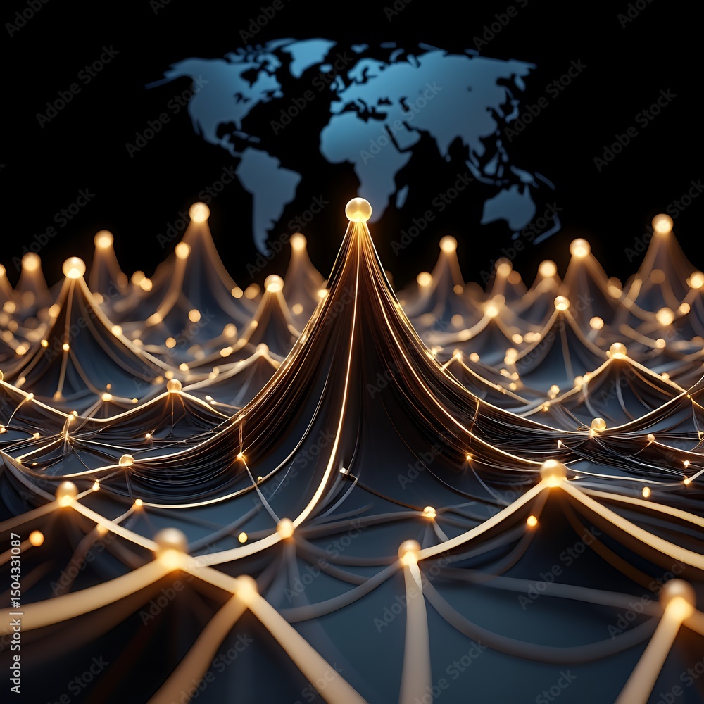 Poster global network connection: golden nodes on dark abstract surface