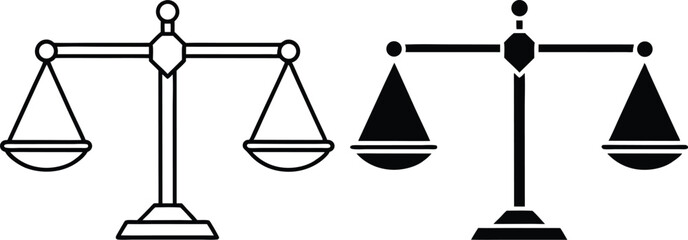 Justice balance icon in black and white shows law and equity with transparent background