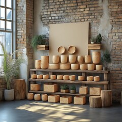 Collection of various cork pots displayed on rustic wooden shelving