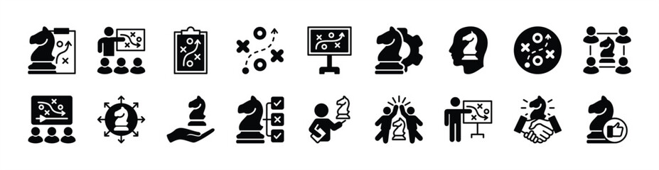 Strategy for successful business achievement icon vector set. Contains management, action plan, creativity, planning, discussion, cooperation, solution, steps, goal and good work learning idea