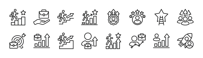 Career growth thin line icon set. Contains grow, work, job, performance, gain, improvement chart, increase, development, target achievement success, promoting, climb, graph, progress. Vector EPS 10