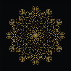 Elegant Golden Mandala Design on Black Background Detailed Geometric Floral Pattern Illustration