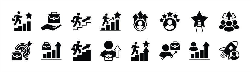 Career growth icon set. Contains grow, work, job, performance, gain, improvement chart, increase, development, target achievement success, promoting, climb, graph, progress. Vector illustration
