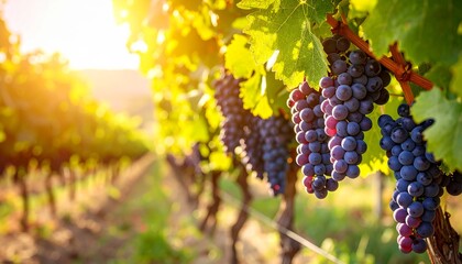 Fototapeta premium Vineyard with Ripe Purple Grapes in Morning Sunlight