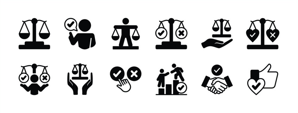 Legal ethics scale of justice icon vector set. Contains law, truth, honesty, integrity, sincerity, morality, agreement handshake, court, judgement, judgment, balance. Illustration