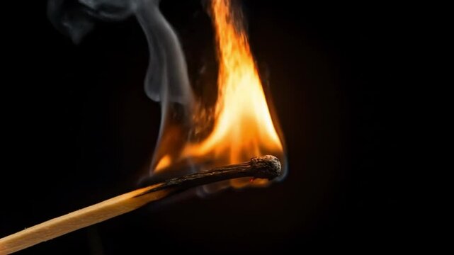 Burning matchstick with flame and smoke against a dark background  