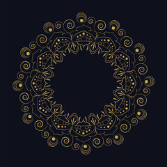 Golden Mandala Illustration Against Dark Blue Background Featuring Swirls, Circles, and Floral Designs