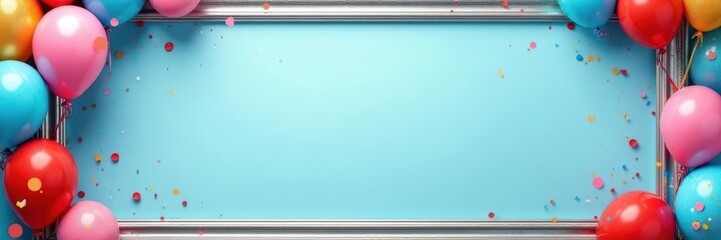 Elegant silver frame, vibrant balloon border, confetti sparkle, sky blue backdrop, image, birthday, asset