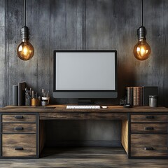 A wooden desk with a computer and vintage hanging lights