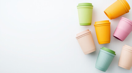 Colorful reusable cups arranged on light background, showcasing eco friendly design and vibrant colors. Perfect for sustainable living
