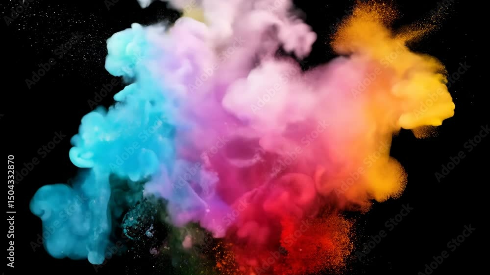 Poster color powder explosion with multicolor ink splash in air, vibrant abstract cloud with dynamic motion