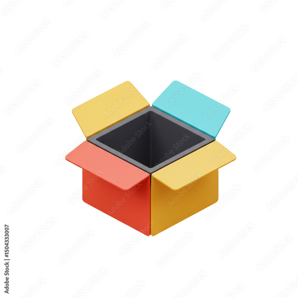 Poster modern 3d rendering of open box in vibrant colors, displaying discovery, creative presentation, and 
