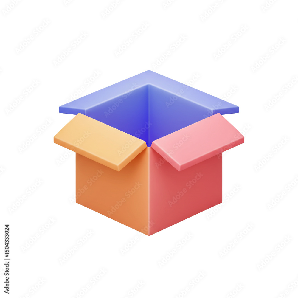 Poster isolated 3d render of open shipping box with vibrant colors for e-commerce and delivery service conc