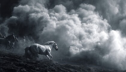 Cavalli nel turbine di polvere e fumo